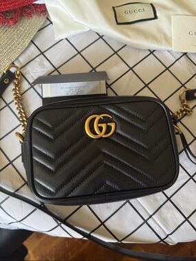 Gucci Black Quilted Chevron Leather Crossbody with Gold GG Hardware
